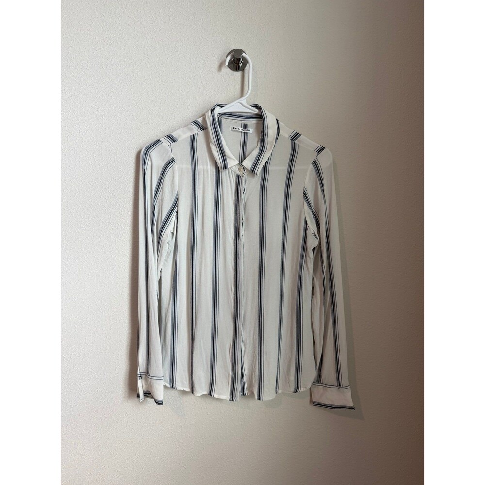 Reformation The Violet Blouse White and Blue Sheer Striped Button Down Women’s S